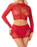 2PC RED  RHINESTONE LACE CROP TOP W/ HEART KEYHOLE & MINI SKIRT