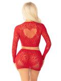 2PC RED  RHINESTONE LACE CROP TOP W/ HEART KEYHOLE & MINI SKIRT