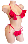 RED JEWELED RUFFLED  BIKINI TOP & TIE THONG