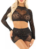 2PC BLACK  RHINESTONE LACE CROP TOP W/ HEART KEYHOLE & MINI SKIRT